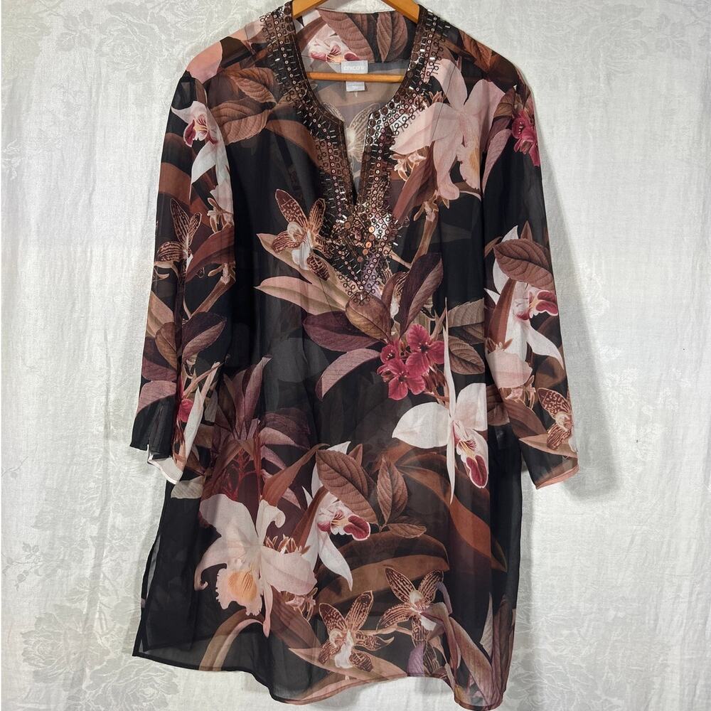 Chicos Tunic 4 20 22 2X Brown Floral Sheer Long Sequin Beaded Detail